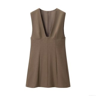 Women Elegant Deep V-Neck Sleeveless Polyester Blend Bodycon Mini Dress Fashion Camel Solid Color Back Zipper Party Clubwear Short Dress