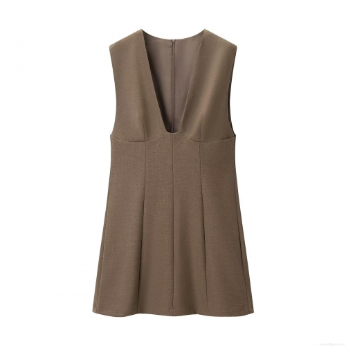 Women Elegant Deep V-Neck Sleeveless Polyester Blend Bodycon Mini Dress Fashion Camel Solid Color Back Zipper Party Clubwear Short Dress