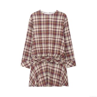 Women's Fashion Plaid Mini Dress Long Sleeve Round Neck Polyester Checkered Bodycon Dress Twist Knot Waist Vintage British Style For Party Daily