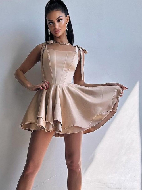 Women Sexy Satin Corset Mini Dress Bow Tie Straps Boning Puffy Ruffle Skirt Lace Up Backless Sleeveless Square Neck Party Club Dress