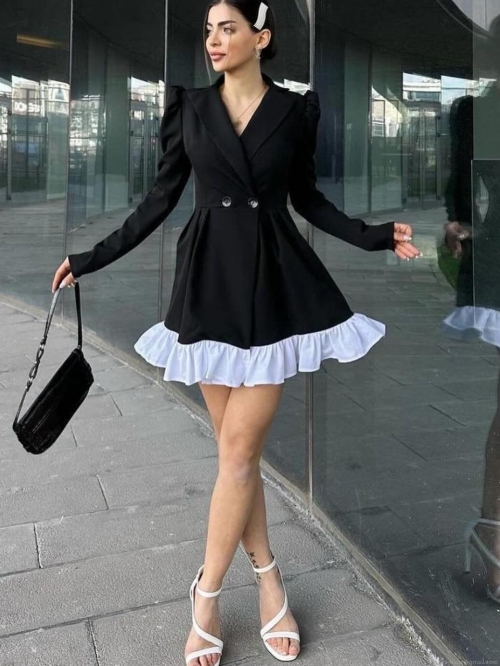 Women's Cotton Blend Black Blazer Mini Dress With White Ruffle Hem Contrast Color Long Puff Sleeve Slim Fit Double Button Short Dress For Party Office Dating Fashion