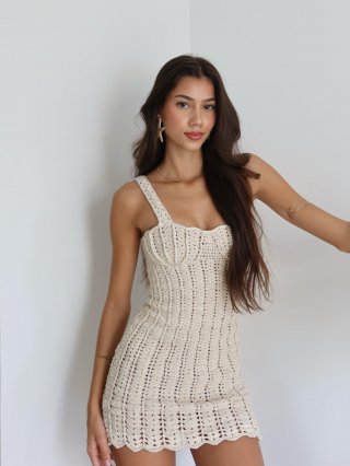 Women's Sexy Halter Crochet Mini Dress Pearl Beaded Backless Knit Dress Cotton Blend Hollow Out Slim Fit Summer Beach Vacation Party Boho Style Elegant Short Sleeveless Dress