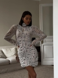 French Style Floral Ruched Mini Dress For Women Sexy Bodycon Long Sleeve Chiffon Dress With Matching Flower Choker Necklace Party Date Wear