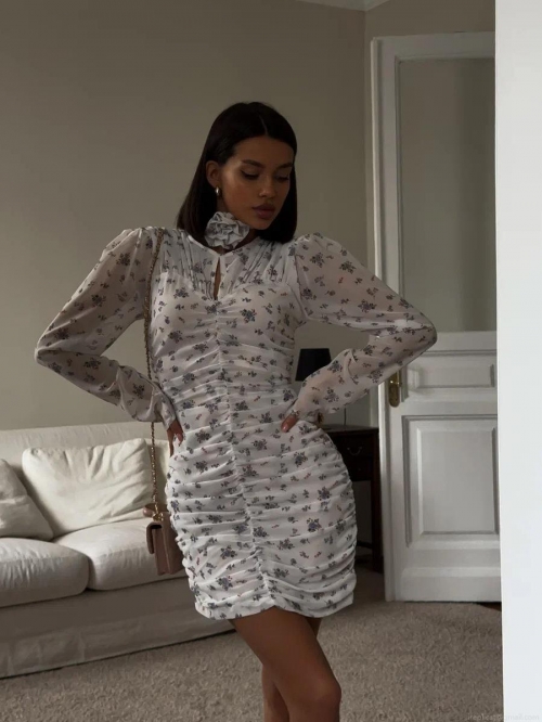 French Style Floral Ruched Mini Dress For Women Sexy Bodycon Long Sleeve Chiffon Dress With Matching Flower Choker Necklace Party Date Wear