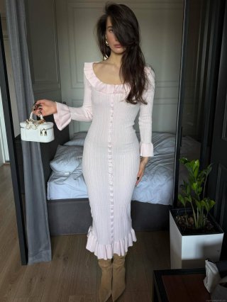 Women's French Elegant Knitted Maxi Dress U Neck Long Sleeve Ruffle Trim Button Front Slim Fit Ribbed Cotton Blend Bodycon Dress Pink