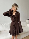 Women's Sexy V-Neck Ruffle Trim Mini Dress Long Sleeve Tie Front Solid Coffee Brown Cotton Blend Bodycon Dress For Party Club Night Dating Summer