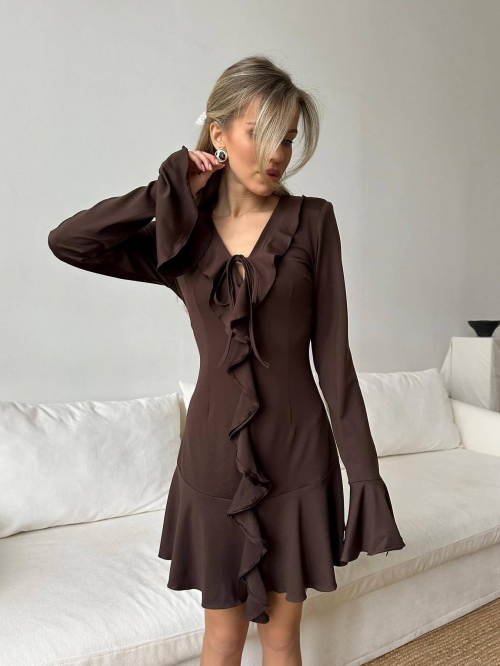 Women's Sexy V-Neck Ruffle Trim Mini Dress Long Sleeve Tie Front Solid Coffee Brown Cotton Blend Bodycon Dress For Party Club Night Dating Summer