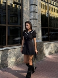 Women French Retro Black Mini Dress With White Lace Peter Pan Collar Short Sleeve High Waist A-Line Slim Fit Casual Dress For Summer Street Style
