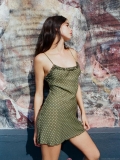 Women's French Polka Dot Camisole Dress Ruffle V-Neck Slim Fit Mini Dress Green Cotton Blend Spaghetti Strap Retro Vacation Spice Girl Sundress