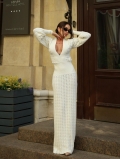 Women's Sexy Hollow Out Crochet Knit Maxi Dress Deep V Neck Lantern Long Sleeve Slim Fit Acrylic Polyester Knitted White Beach Party Dress