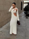 Women's Sexy Cutout Knit Maxi Dress Long Sleeve V-Neck Bodycon Crochet Dress With Trumpet Sleeves Cotton Blend Solid Color Elegant Party Long Dress