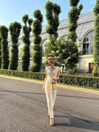 Women's Hollow Out Crochet Knit Maxi Dress Elegant V-Neck Ruffle Sleeve Sexy Backless Beach Vacation Cotton Blend Long Dress