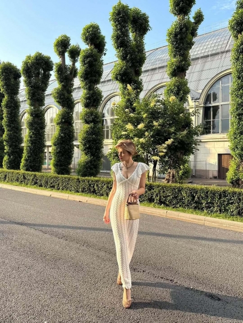 Women's Hollow Out Crochet Knit Maxi Dress Elegant V-Neck Ruffle Sleeve Sexy Backless Beach Vacation Cotton Blend Long Dress