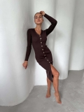 Women's Sexy Brown Knit Midi Dress V-Neck Long Sleeve Slim Fit Side Split Bodycon Dress With Single-Breasted Buttons Ribbed Cotton Blend Sweater Dress For Party Dating