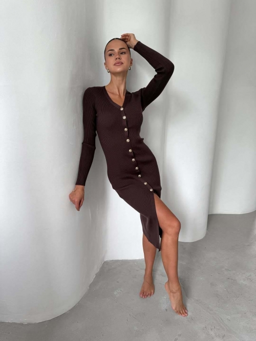 Women's Sexy Brown Knit Midi Dress V-Neck Long Sleeve Slim Fit Side Split Bodycon Dress With Single-Breasted Buttons Ribbed Cotton Blend Sweater Dress For Party Dating