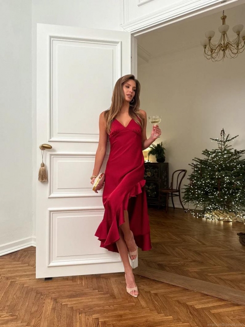 Women's Sexy V-Neck Red Acetate Satin Maxi Dress Elegant Ruffle Side Slit Bodycon Slip Evening Gown for Party Banquet Prom