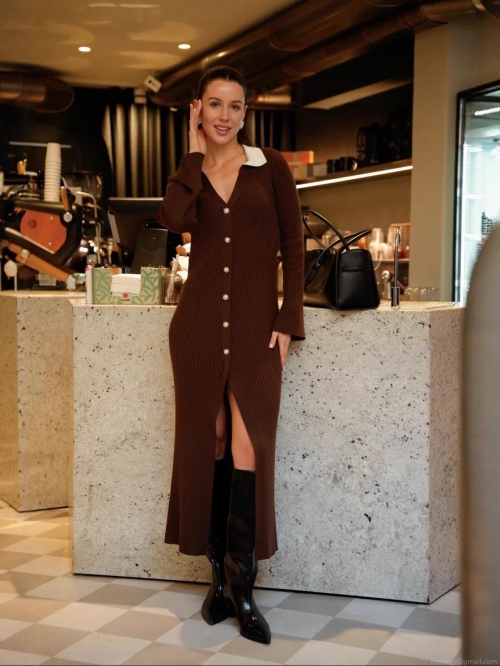 Women's Slim Fit Knit Maxi Dress White Contrast Polo Collar Pearl Single Breasted Ribbed Long Sleeve Bodycon Dress With Side Slit