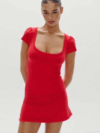 Women's Red Polka Dot Knit Mini Dress Sexy Square Neck Hollow Out Crochet Beach Cover Up Bodycon Short Sleeve Summer Dress For Women