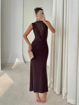 Women's Sexy Lace Patchwork Sleeveless Maxi Dress Slim Fit Backless Bodycon Evening Gown For Party Banquet Deep Brown Elegant Floor Length Clubwear Dress