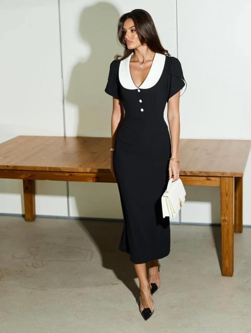 Women Elegant Peter Pan Collar Color Block Maxi Dress Slim Fit Contrast Black White Short Sleeve High Waist Evening Party Bodycon Dress Chic Vestidos