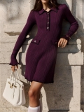 Women's Cotton Blend Knit Polo Neck Mini Dress Long Sleeve Slim Fit Solid Color Ribbed Sweater Dress With Contrast Trim And Buttons For Party Dating