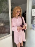 Women's Pink Knitted Mini Dress Long Sleeve Polo Collar Button Up Slim Fit Ribbed Short Dress For Casual Daily Streetwear