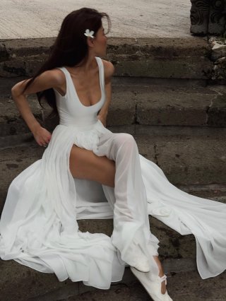 Women's Sexy White Mesh Patchwork High Slit Maxi Dress Slim Fit Sleeveless V-Neck Backless Vacation Beach Party Long Dress