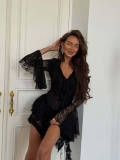 Women's French Style Black Lace V-Neck Midi Dress Sexy Long Flared Sleeve Hollow Out Ruffle Bodycon Pencil Dress For Evening Party Clubwear