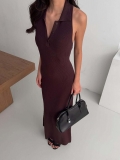 French Style Vintage Polo Collar Sleeveless Ribbed Knit Maxi Dress Bodycon Slim Fit Cotton Blend Long Dress For Women Elegant Summer Party Wear