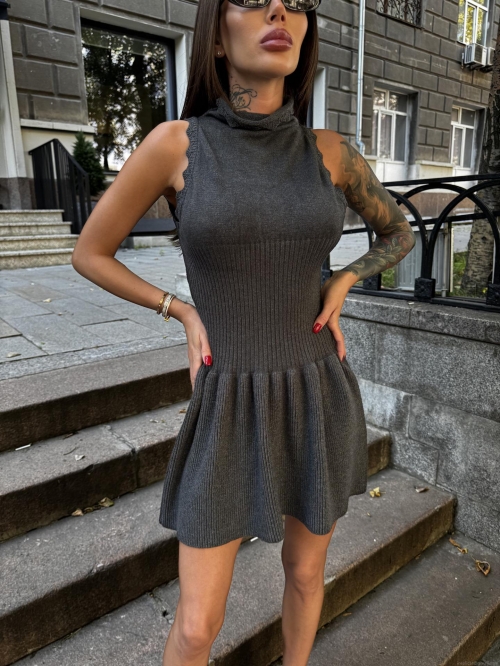 Women Sleeveless Mock Neck Knit Mini Dress Chic Dark Gray Ribbed Bodycon Dress Sexy Streetwear Party Slim Fit A-Line Short Dress For Women