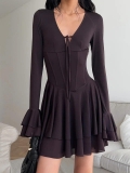 Women Sexy Ruffle Bodycon Mini Dress Deep V Neck Long Bell Sleeve Solid Color Polyester Autumn Party Streetwear Short Dress