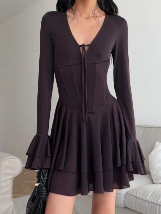 Women Sexy Ruffle Bodycon Mini Dress Deep V Neck Long Bell Sleeve Solid Color Polyester Autumn Party Streetwear Short Dress