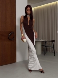 Sexy Halter Neck Backless Color Block Maxi Dress Women Deep V-Neck Ruched Bodycon Evening Party Prom Cotton Polyester Long Dress