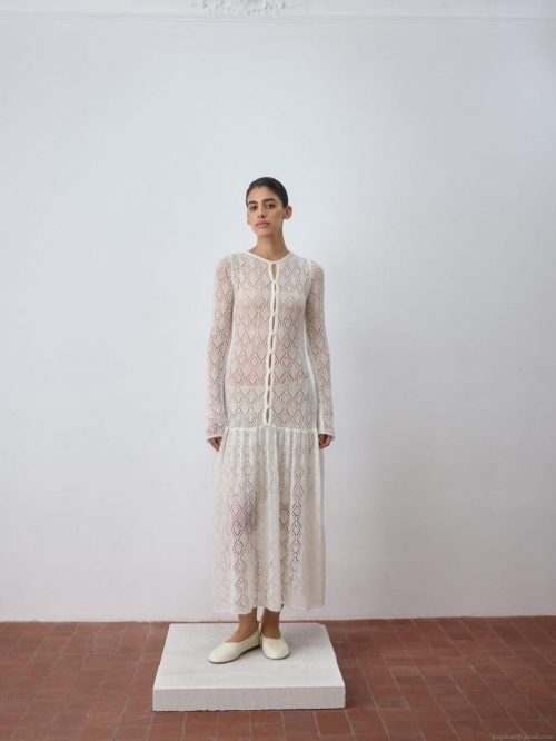 Women Sexy White Crochet Knit Maxi Dress Hollow Out Mesh See Through Long Sleeve V Neck Slim Fit Dress For Vacation Beach Party