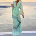 Women's Elegant Deep V Neck Long Sleeve Maxi Dress Bohemian Marble Print Gold Foil Beach Vacation Party Evening Long Dress