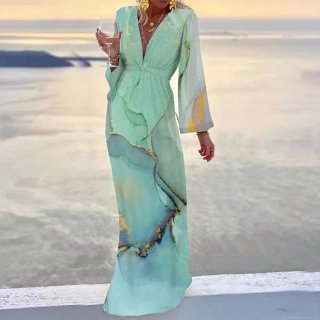 Women's Elegant Deep V Neck Long Sleeve Maxi Dress Bohemian Marble Print Gold Foil Beach Vacation Party Evening Long Dress