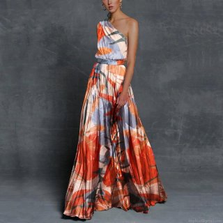 Women's Sexy One-shoulder Printed Maxi Dress Elegant Abstract Geometric Floral Patchwork Pleated A-line Long Dress For Summer Vacation Party Casual Wear