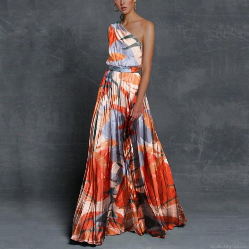 Women's Sexy One-shoulder Printed Maxi Dress Elegant Abstract Geometric Floral Patchwork Pleated A-line Long Dress For Summer Vacation Party Casual Wear