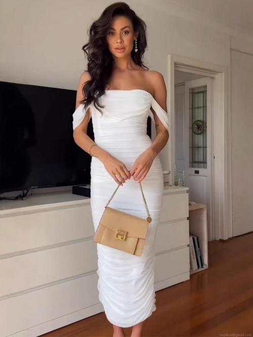 Women's Elegant Off-Shoulder Ruched Midi Dress Sexy Mesh Bodycon Evening Party Solid Color Short Sleeve Pullover Dress