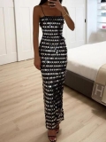 Women's Sexy Sequin Maxi Dress Spaghetti Strap Bodycon Evening Party Gown Elegant Backless Prom Dress For Club Night Event Black Silver