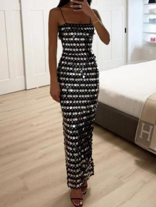 Women's Sexy Sequin Maxi Dress Spaghetti Strap Bodycon Evening Party Gown Elegant Backless Prom Dress For Club Night Event Black Silver