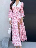 Women Elegant Pink Floral Midi Dress Contrast Peter Pan Collar Long Sleeve Single Breasted Side Slit Polyester A-Line Dress For Spring Summer Daily