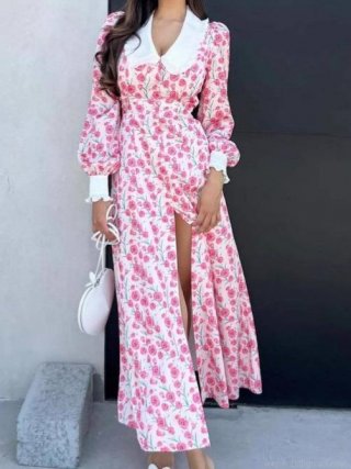 Women Elegant Pink Floral Midi Dress Contrast Peter Pan Collar Long Sleeve Single Breasted Side Slit Polyester A-Line Dress For Spring Summer Daily