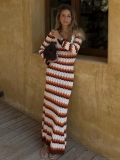 Women Bohemian Colorblock Striped Crochet Knit Maxi Dress Long Sleeve High Waist Slim Fit A-Line Long Dress For Vacation Party Casual Wear