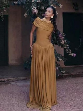 Elegant Women's Off-Shoulder Pleated Maxi Dress Mustard Yellow Polyester Slim Fit Evening Gown For Party Banquet Wedding Guest Long Dress