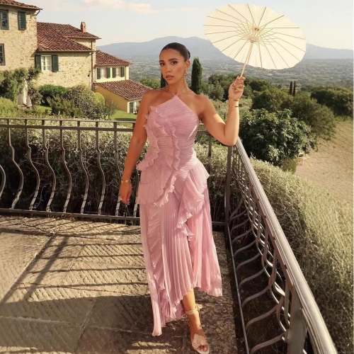 Women's Elegant Halter Neck Pleated Midi Dress Ruffle Hem Sleeveless A-Line Polyester Gown For Summer Vacation Party Wedding Guest Pink