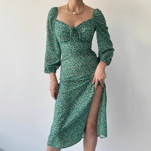 French Floral Split Puff Sleeve Midi Dress Women Sweetheart Neck Drawstring Slim Fit Long Sleeve Printed Polyester Retro Boho Casual Vacation Dress