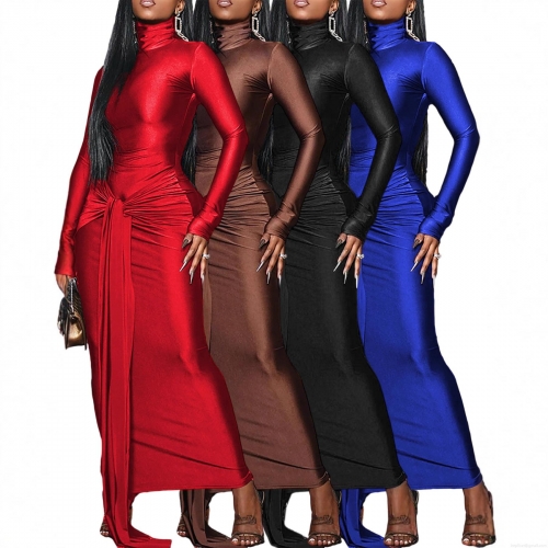 Elegant High Neck Long Sleeve Maxi Dress Satin Silk Texture Waist Tie Ruched Evening Party Dress For Women Formal Prom Gown