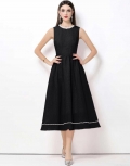 French Vintage Black Sleeveless Midi Dress With Pearl Trim 100% Polyester Elegant Slim Fit A-Line Evening Party Dress For Women