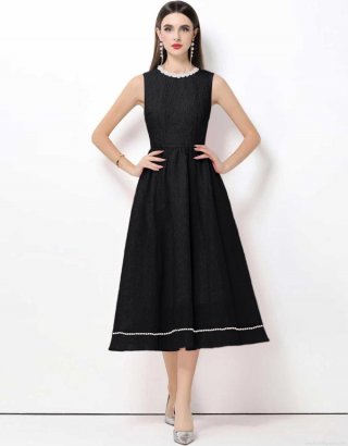 French Vintage Black Sleeveless Midi Dress With Pearl Trim 100% Polyester Elegant Slim Fit A-Line Evening Party Dress For Women